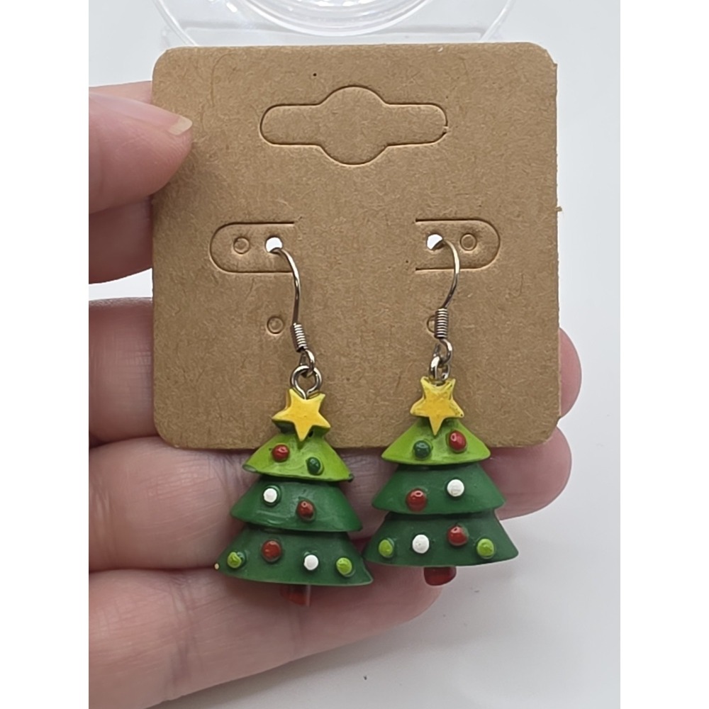 Green Christmas Tree Drop Dangle‎ Hook Earrings Holiday Star